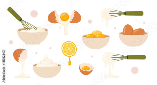 Vector collection of cooking ingredients and kitchen tools for making homemade mayonnaise, including fresh eggs, yolks, and lemon