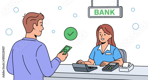 Customer's Financial Transaction at Bank Counter with Green Check Mark Approval Illustration