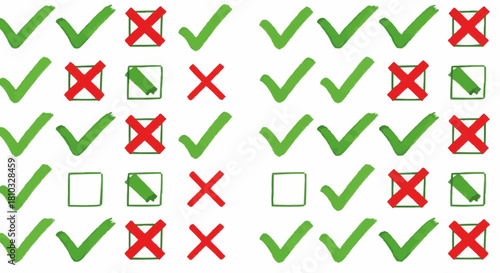Pattern of green check marks, red x marks, and green diagonal lines in squares on a white background