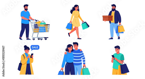 Diverse vector illustrations of people shopping individuals with carts, bags, a couple, mobile browsing. Captures modern retail, consumer lifestyle
