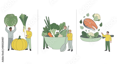 Healthy Eating People Preparing Fresh Vegetables and Seafood for Nutritious Meals