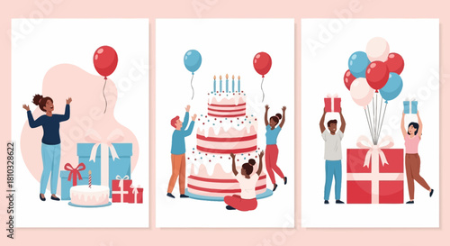 Birthday Celebration Illustrations Festive Scenes with Gifts, Cake, and Balloons