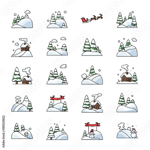 Winter Landscape Icons: Snowy Hills Trees and Festive Scenes.