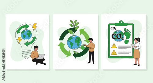 Illustrations of sustainable living and eco-friendly solutions promoting environmental conservation and global awareness