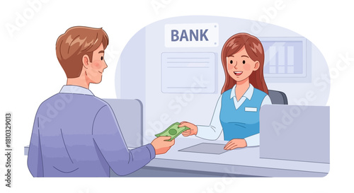 Illustrator vector of a man giving cash to a smiling bank teller at a counter