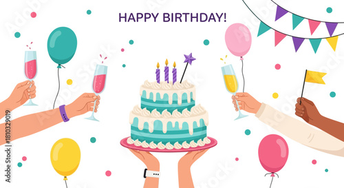 Happy Birthday Celebration with Cake, Balloons, and Champagne Toast - Vector Illustration