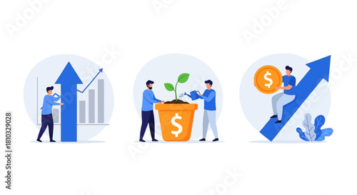 A set of vector illustrations depicting concepts of financial investment, profit, and business growth strategy