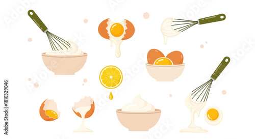 Creative culinary concept vector illustration of eggs, whisks, and bowls featuring delicious food preparation