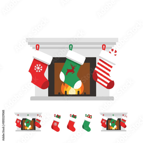 Festive Fireplace Scene with Hanging Christmas Stockings Illustration.