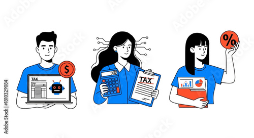 A set of modern vector illustrations depicting financial management, tax preparation with AI bots, and business data analysis