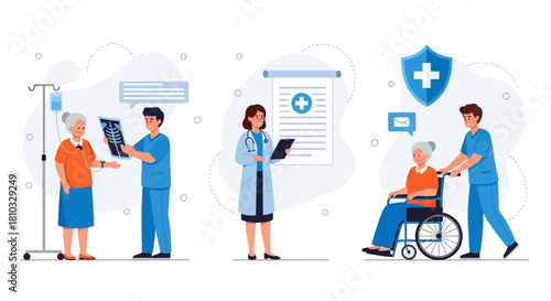 Medical professionals assisting patients with healthcare services, consultations, and mobility support