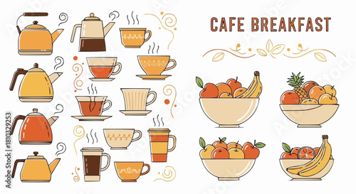 Illustration of breakfast themed items including teapots cups and bowls of fruit for a cafe setting