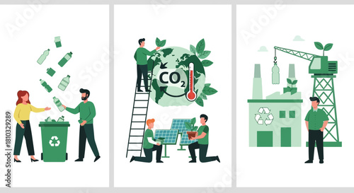 Environmental Initiatives Vector Illustrations Recycle, CO2 Reduction, Sustainable Industry