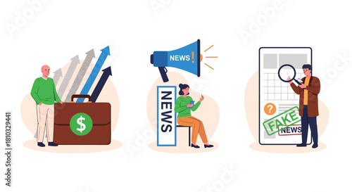 Navigating Finance, Media News, and Combating Fake Information in the Digital World A Vector Illustration Collection of Modern Challenges