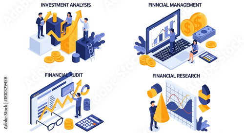 Comprehensive isometric vector illustrations depicting financial analysis, strategic management, thorough auditing, and insightful research for business growth and investment planning