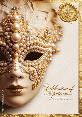 Golden and Pearl Venetian Carnival Mask, Luxurious and Opulent Masquerade Invitation Template with Wax Seal and Feathers