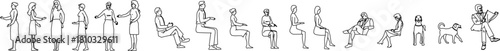 Vector line drawings of people in standing and seated positions, including a dog, used for architectural interior scale and cross-section details.