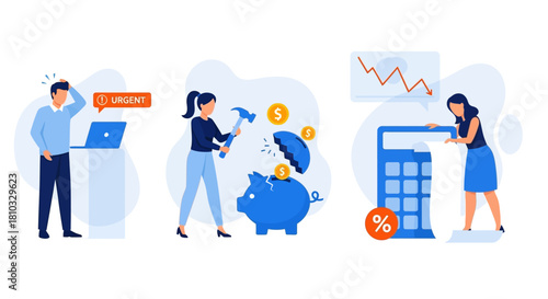A collection of vector illustrations depicting people dealing with financial crisis, debt, and economic recession concepts
