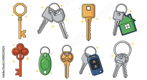 A diverse set of vector key illustrations, featuring modern house keys, car remotes with fobs, and ornate antique designs for security and access concepts