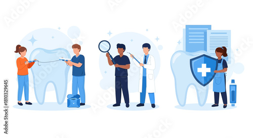 A collection of modern vector illustrations depicting comprehensive dental care, from daily oral hygiene to professional examinations and protection
