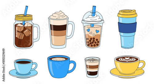 Assorted Refreshing Coffee and Beverages in Cups A Colorful Vector Illustration
