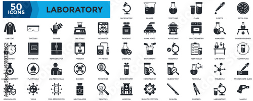 Laboratory icon set. Containing microscope, test tube, flask, pipette, centrifuge, sample, lab coat, goggles, chemical, experiment, research icon. Glyph style