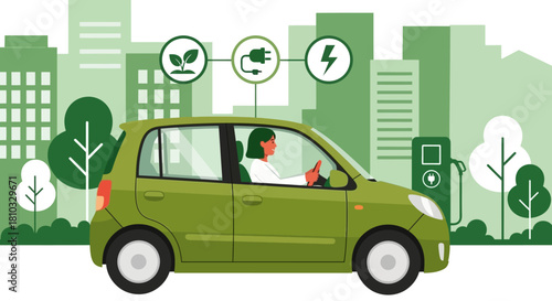 Green Electric Car Driving in Eco-Friendly City with Sustainable Icons