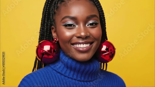 Happy african american woman with braids wearing large red jingle bell earrings and blue sweater posing against yellow studio background in festive fashion style
