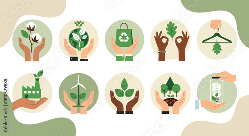 A collection of flat vector icons representing concepts of ecology, sustainability, and environmental care