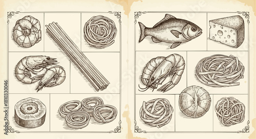 Illustration of seafood and pasta varieties arranged in a grid pattern on a vintage background design