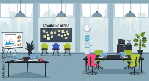 Co-working office space interior design with desks, chairs, and office equipment in a modern style