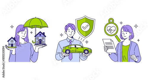 Vector illustration set depicting various types of insurance concepts, including property, automotive, and health coverage