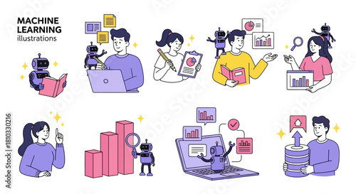 A collection of modern vector illustrations depicting people and robots engaged in machine learning, data analysis, and AI technology