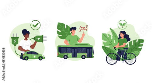 Illustrations of sustainable urban living and green transportation solutions, showcasing electric vehicle charging, public bus transit, and bicycle commuting for an eco-conscious future