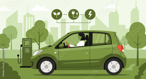 Sustainable urban mobility concept showing a green electric car plugged into a charging station with eco-friendly icons