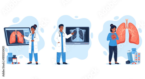 A medical vector collection on pulmonology concepts, showing physician consultation, chest x-ray diagnosis, and respiratory treatment