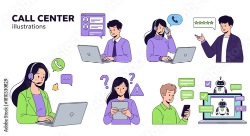 Vector illustrations of call center agents providing online customer support, technical assistance, and problem-solving using laptops, headsets, and AI chatbots