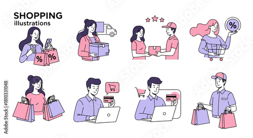 Dynamic Vector Illustrations of E-commerce and Retail Shopping Experiences, Featuring Online Purchases, Customer Deliveries, and Transaction Concepts