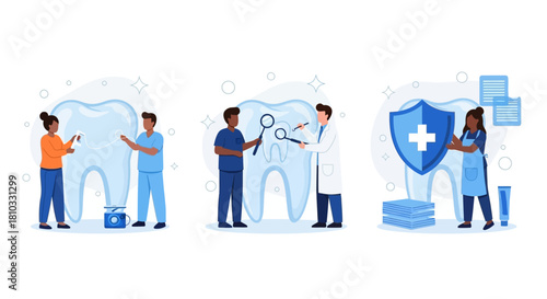 Dental care illustration, dentists examining a giant tooth and protecting it with a shield