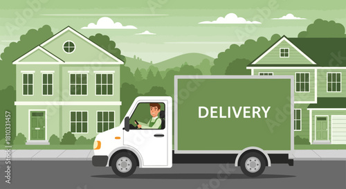 Efficient residential delivery service illustrated with a professional driver in a modern green truck, ensuring timely package transport to homes