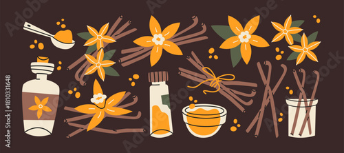 Vanilla spice elements in retro cartoon style. Culinary set: pods, flowers, extract, sugar. Aromatic flavoring ingredients for baking and desserts, illustration in funky, vintage doodle style stickers