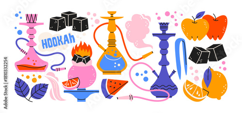 Hookah elements in retro cartoon style. Smoking set: fruit bowls, hot coals, flavored smoke, pipes. Middle Eastern lounge stickers, illustration in funky, doodle style, trendy sticker set.