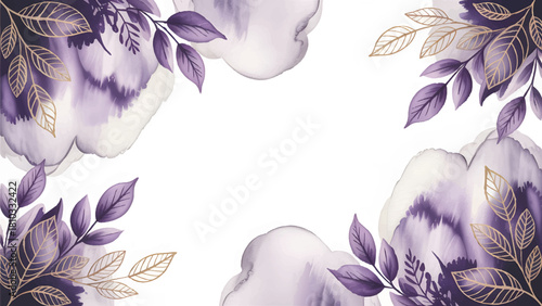 Elegant purple and gold floral frame background , Luxury violet watercolor wedding invitation border , Abstract botanical dark leaves template design