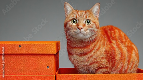 Orange tabby cat sitting in an orange box against a gray background.