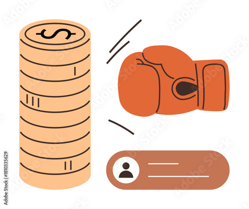 Red boxing glove strikes coin stack, creating visual tension. Profile icon suggests stakeholder involvement. Ideal for finance, competition, conflict, challenge, risk, decision-making personal