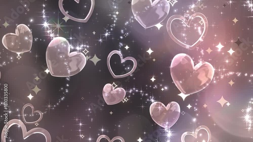 輝くハートやキラキラのリングがたくさん浮かぶ、メルヘンチックでかわいい背景/グレーベージュ