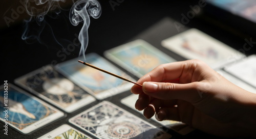 Woman hand holding burning incense stick with smoke rising above tarot cards on a table. Spiritual ritual for fortune telling and meditation with occult objects.