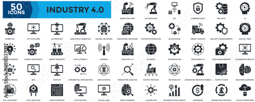 Industry 4.0 Icon Set. Containing Smart Factory, Automation, Iot, Ai, Digital Twin, Augmented Reality, Machine Learning, Cloud Computing, Robotics Icon. Glyph Style