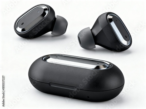 Premium Black True Wireless Earbuds and Charging Case | Modern Bluetooth Headset for Music, Sport and Technology