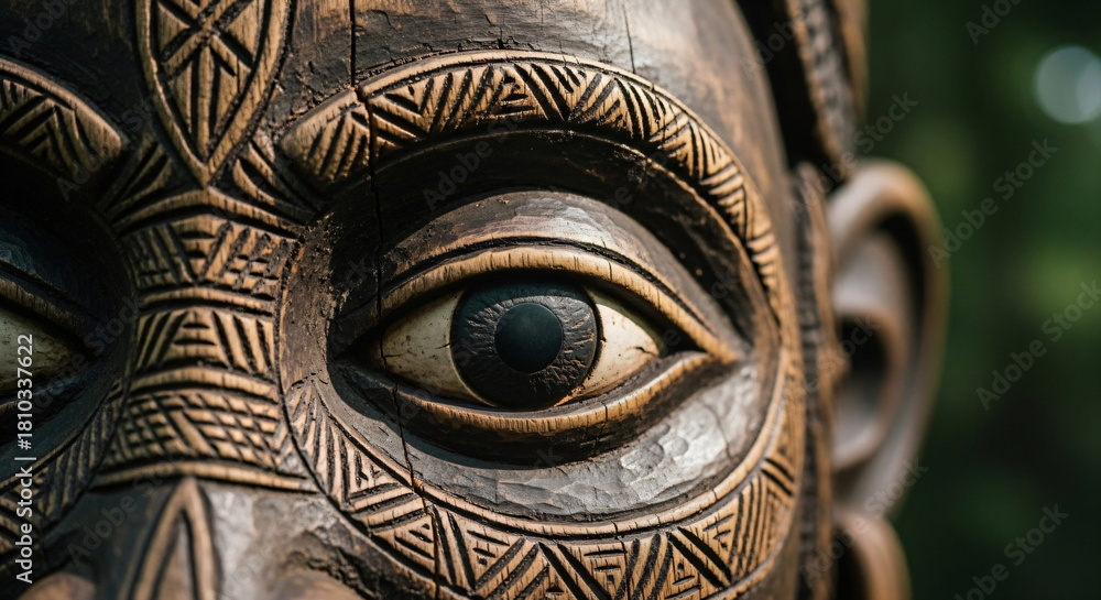 Obraz premium Detailed close-up of a carved wooden tribal mask with intricate patterns and a realistic eye, reflecting its surroundings, representing ancient culture and tradition.